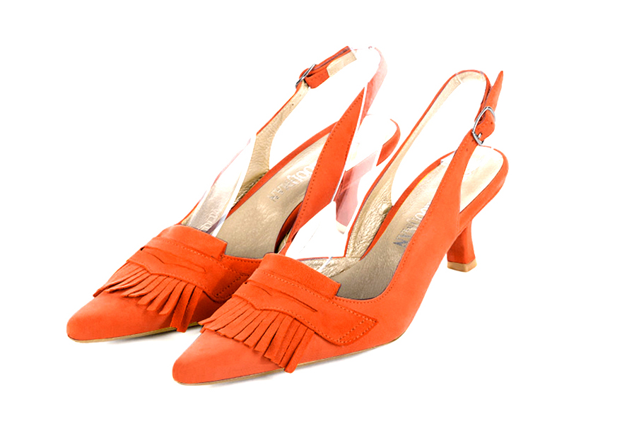 French elegance and refinement for these clementine orange dress slingback shoes, 
                available in many subtle leather and colour combinations. Fans of originality will appreciate the fringes and the "Offbeat Rock" side.
To be personalized or not, with your materials and colors.  
                Matching clutches for parties, ceremonies and weddings.   
                You can customize these shoes to perfectly match your tastes or needs, and have a unique model.  
                Choice of leathers, colours, knots and heels. 
                Wide range of materials and shades carefully chosen.  
                Rich collection of flat, low, mid and high heels.  
                Small and large shoe sizes - Florence KOOIJMAN